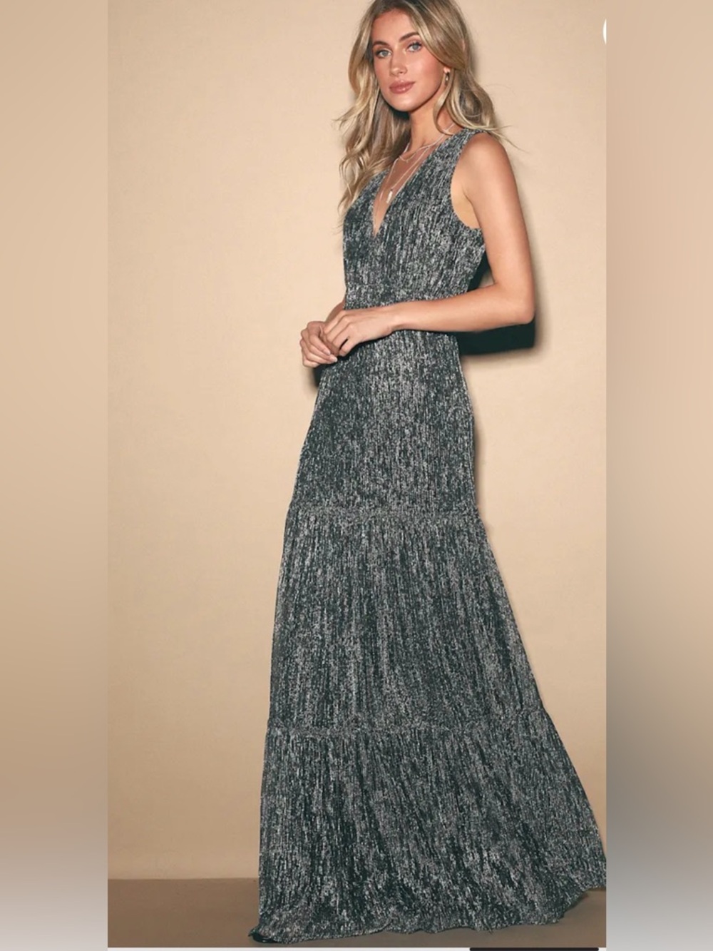 Lulus Metallic Maxi Dress Silver Tiered Plissé VNeck M Screen Worn The Boys - Picture 2 of 12